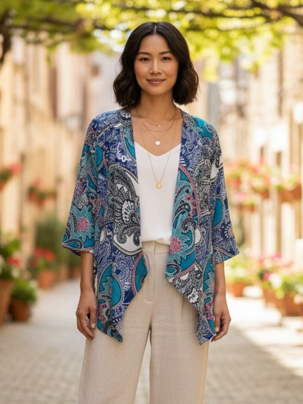 Chicos Linen Paisley Kimono Jacket Blue Teal Open Front 3/4 Sleeve Size 1 M/L